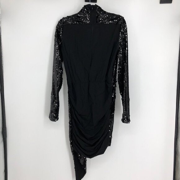 NWT PINKO Black Long Sleeve Stretch Asymmetric Hem Mini Sequin Dress Sz 12/EU 44 - Picture 4 of 16